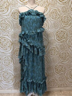 Cinq à Sept Rayner Dress Ruffle Blue Printed Halter Midi Cocktail Party Dress